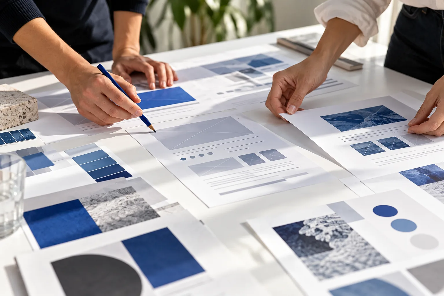Design samples and color swatches on a table